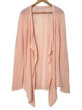 Sonoma Lace Knit Waterfall Cardigan Sweater Crochet Back Open Drape Pink Peach